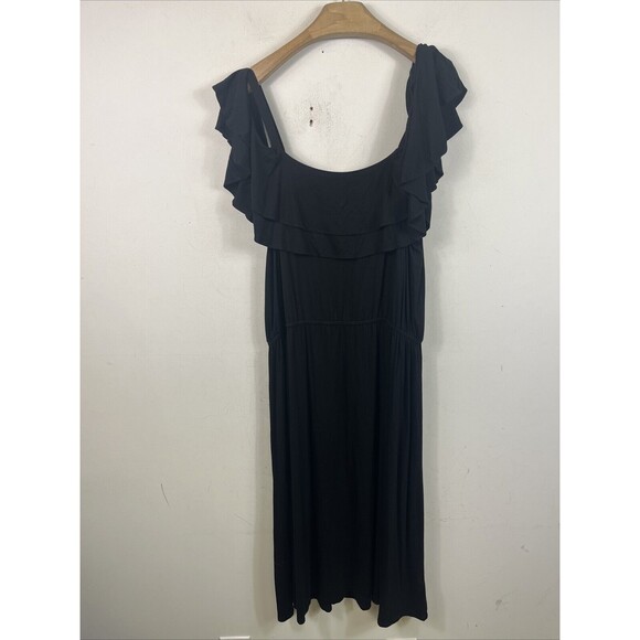 LOFT Black Knit Cold Shoulder Ruffle Dress Gathered Waist Women's Size Large NWT - Picture 4 of 4